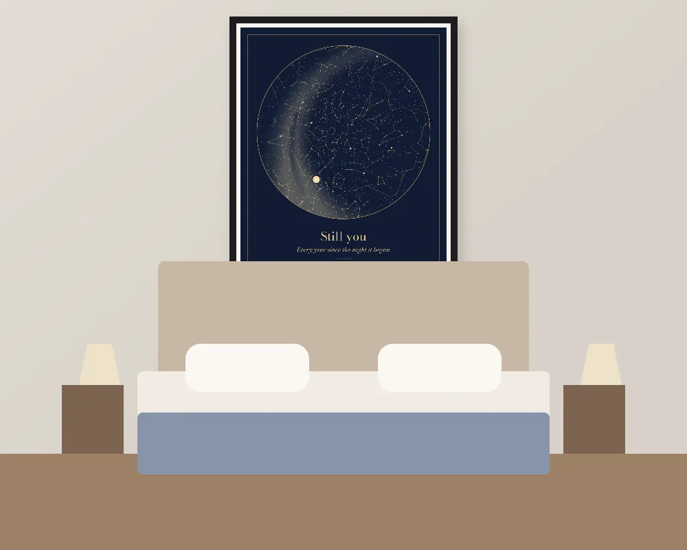 A star map poster framed on a wall