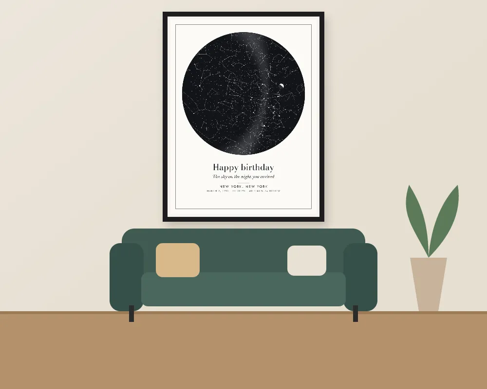 A star map poster framed on a wall