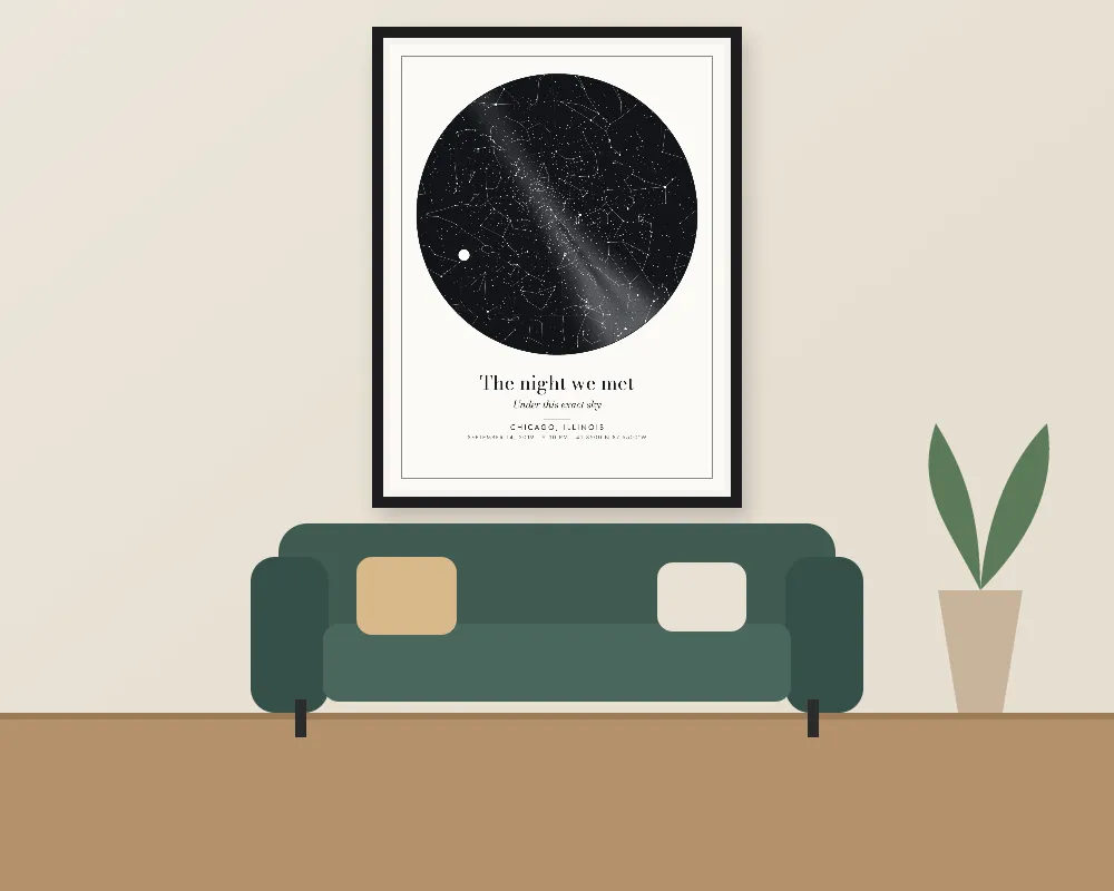 A star map poster framed on a wall