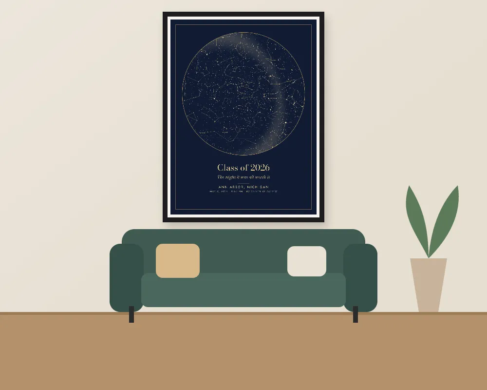 A star map poster framed on a wall