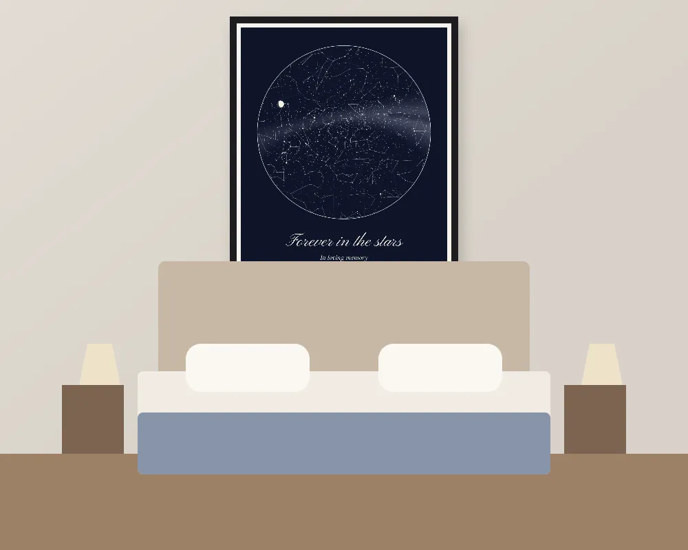 A star map poster framed on a wall